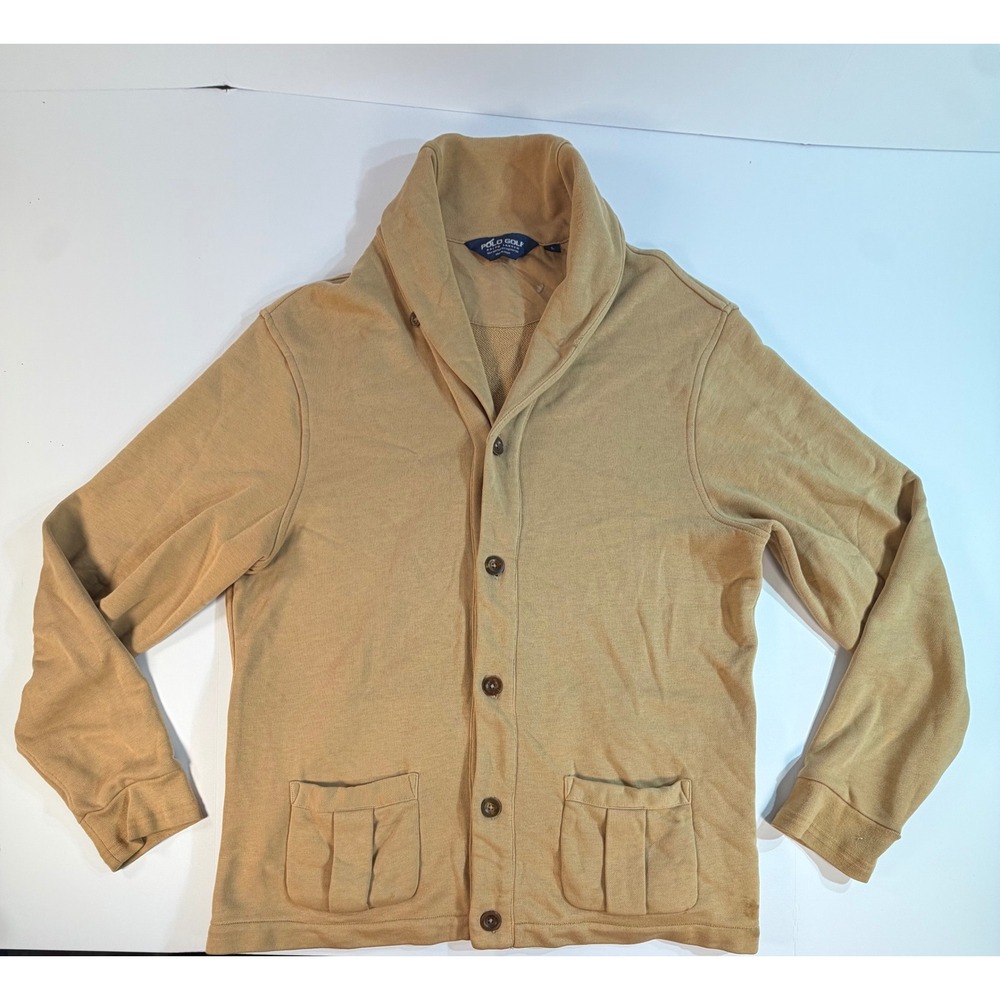 Polo Golf Ralph Lauren Mens L Shawl Collar Cardigan Sweater Tan Khaki Button Up